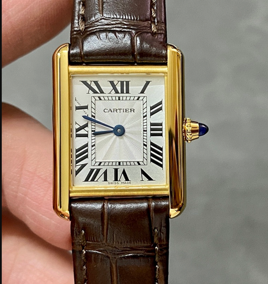 Cartier Tank Louis Mini Gold Watch – White Roman Numeral Dial – Brown Leather Strap – Quartz
