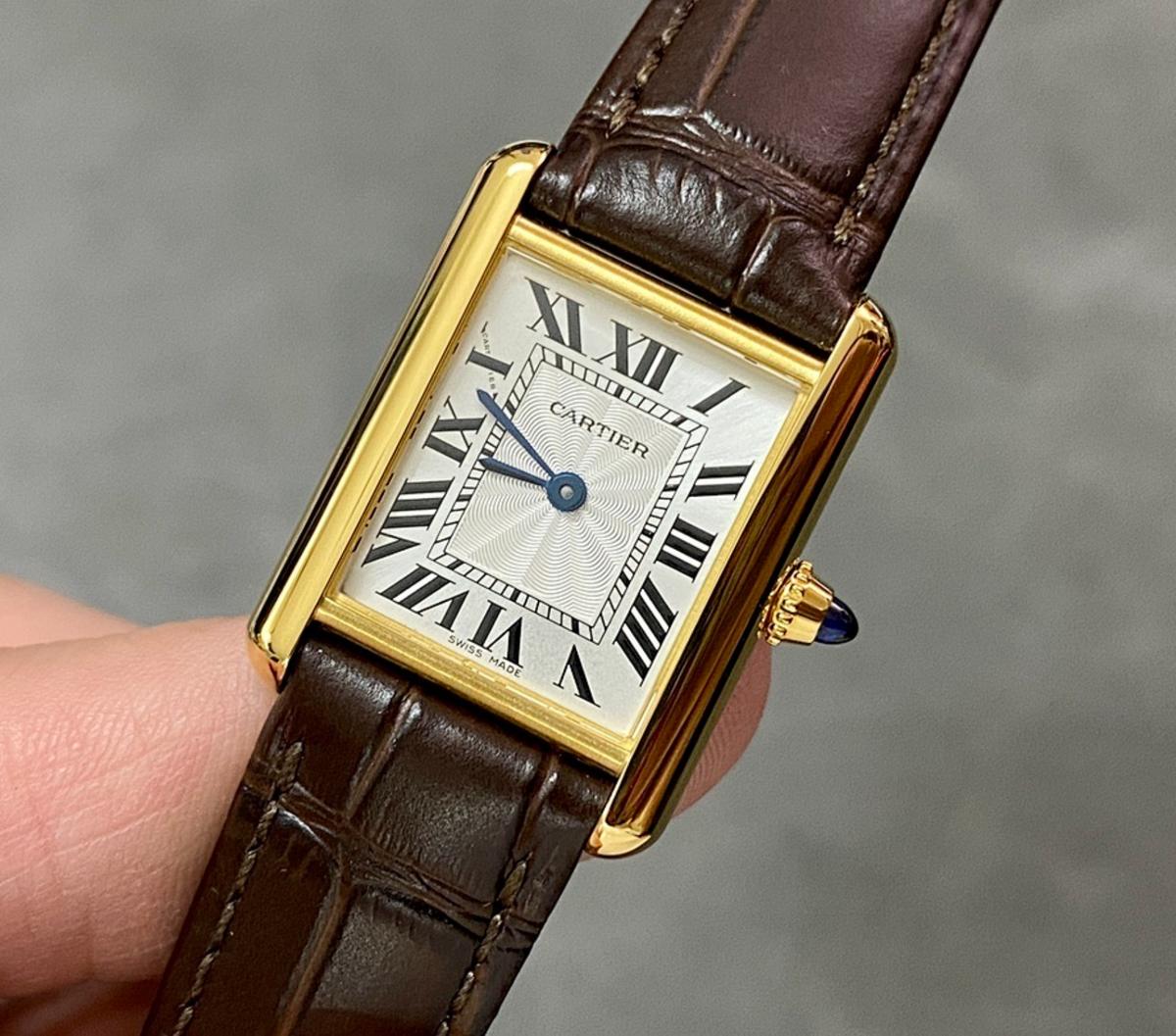 Cartier Tank Louis Mini Gold Watch – White Roman Numeral Dial – Brown Leather Strap – Quartz