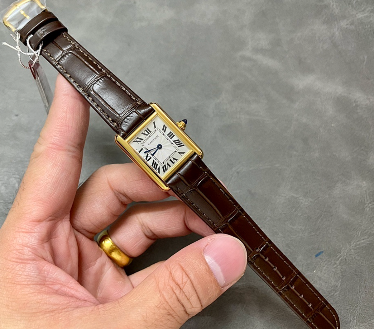 Cartier Tank Louis Mini Gold Watch – White Roman Numeral Dial – Brown Leather Strap – Quartz