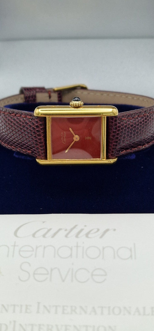 Cartier Tank - 18ct Gold on Silver, Red Dial, Hand-Wound, Ladies, Vintage