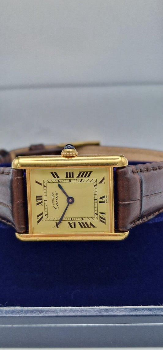 Must de Cartier Tank - 18ct Gold on Silver, Mid Size, New Brown Strap